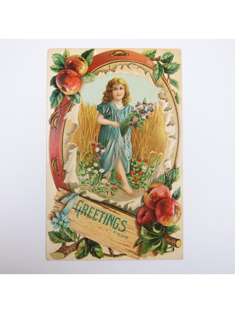 Postcard Greeting Blonde Girl Picks Flowers Wheat Frame Apples Antique c 1910